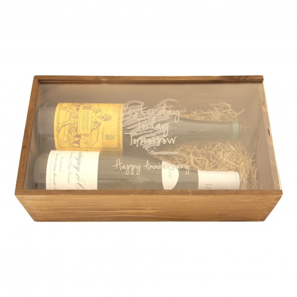 Custom Engraved Wood Wine Box  - Plexiglass Cover 1 or 2 Bottles